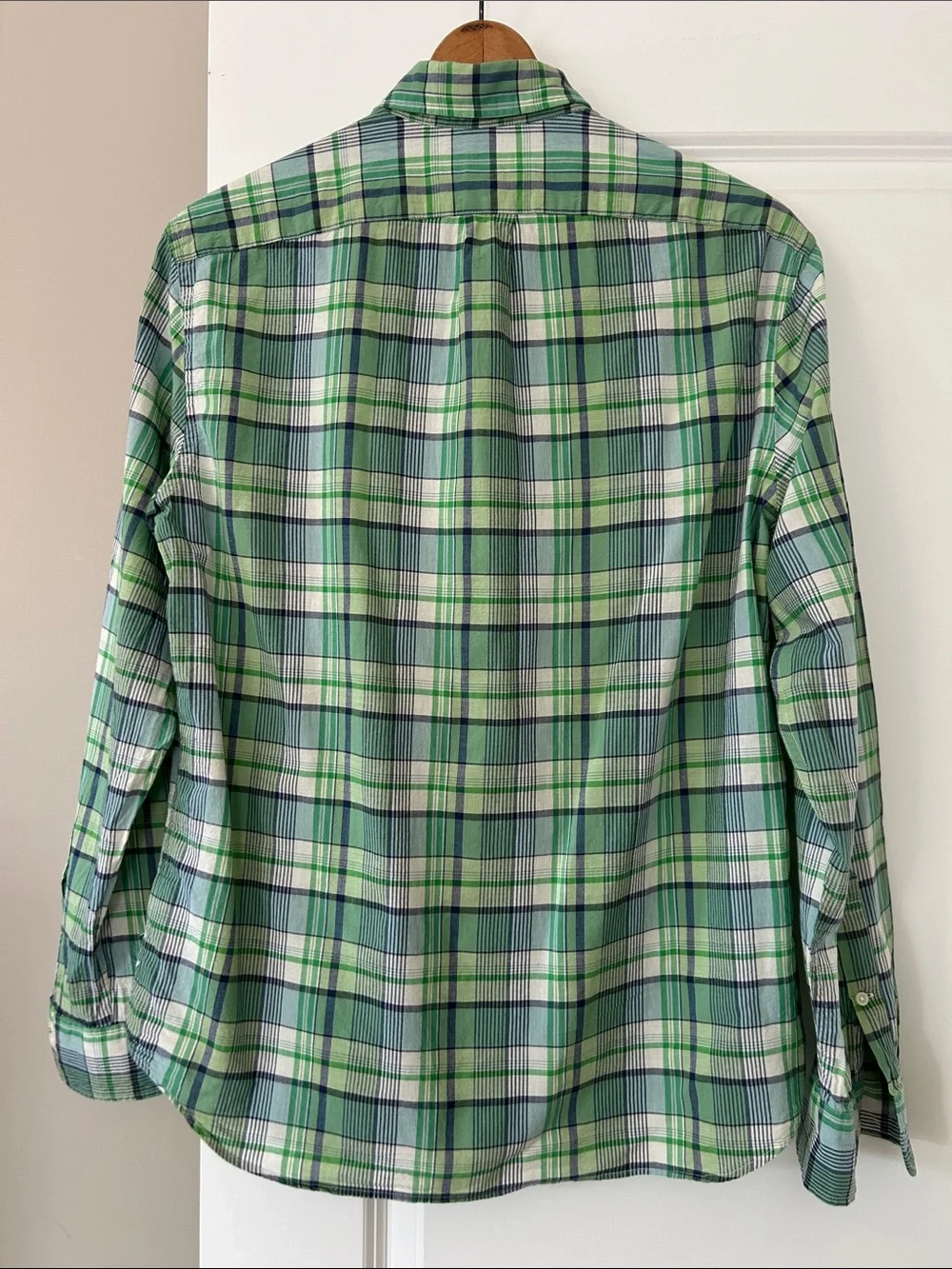 J Crew Indian Madras Shirt Sz L w MEASUREMENTS Kelly Green Plaid, Slim